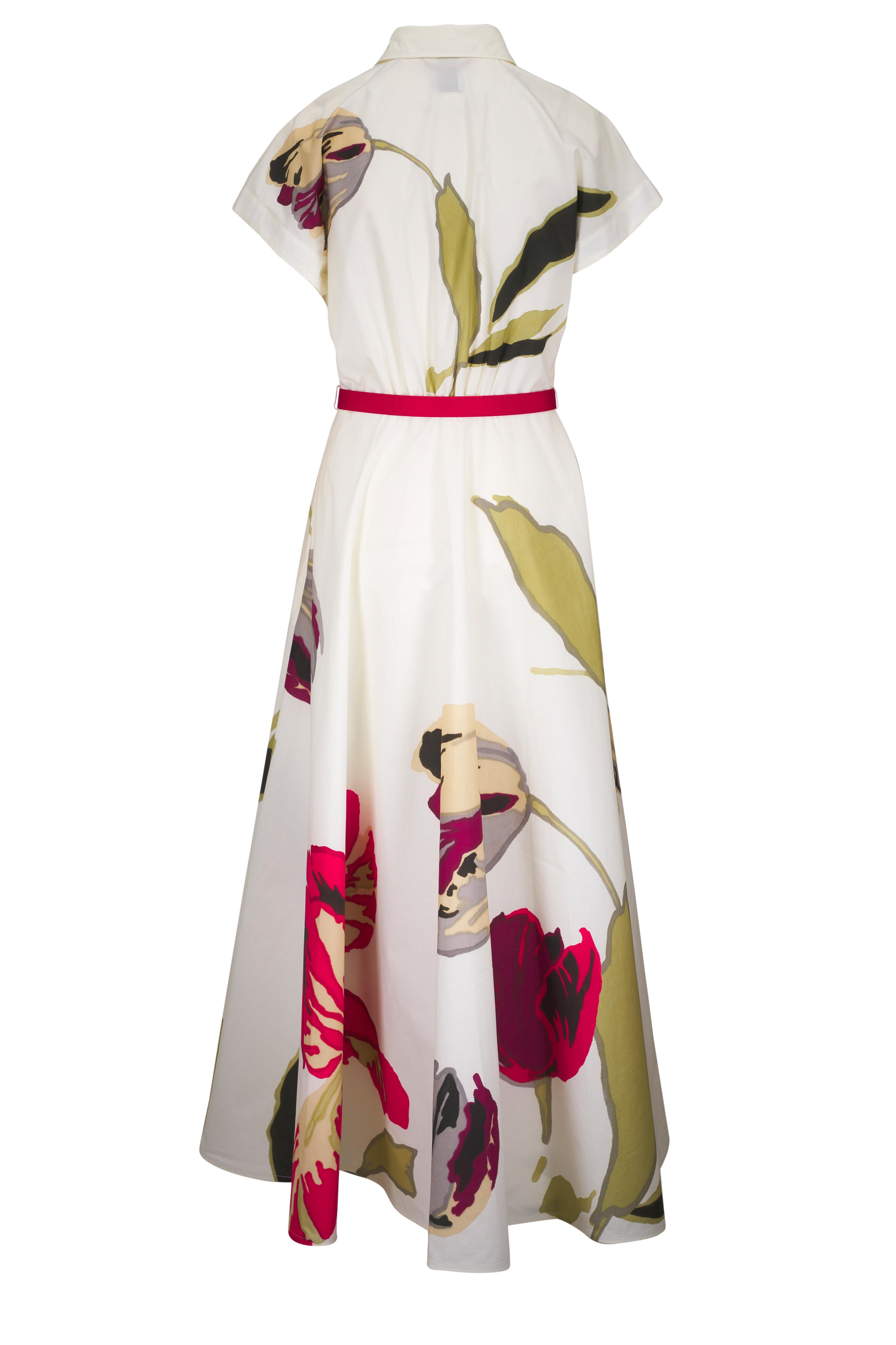 Back of a floral dress on a white background.
