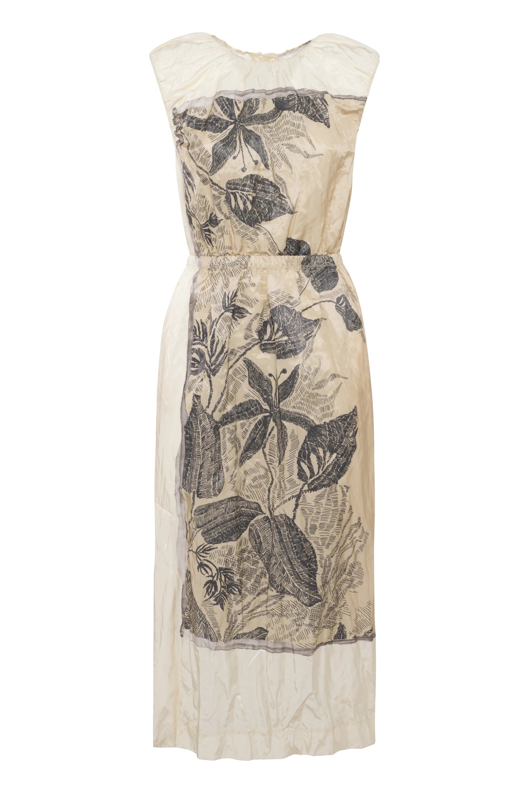 Beige dress with black floral pattern on a white background.