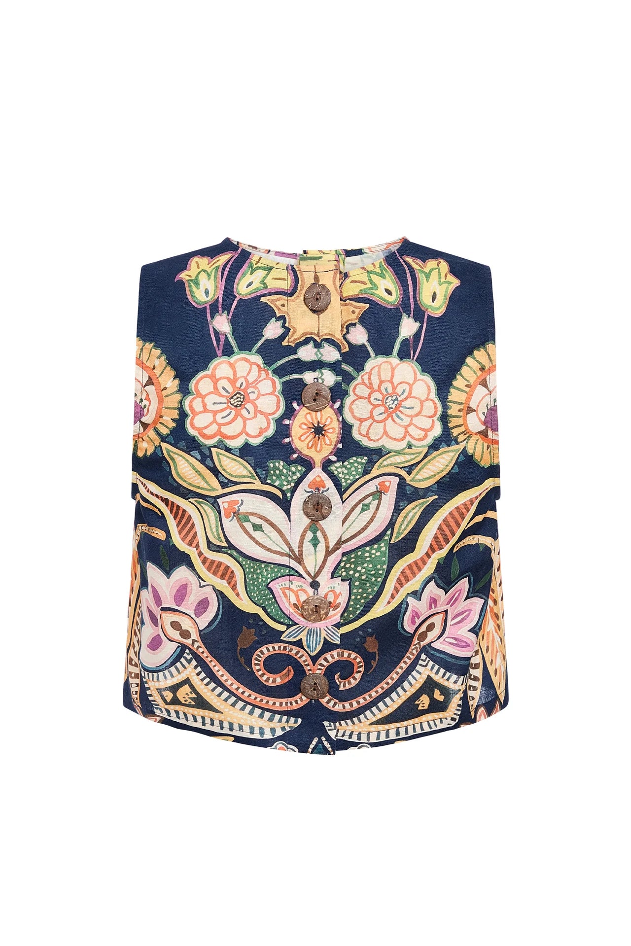 Back of a navy blue top with colorful floral and paisley pattern with buttons down the middle on a white background.