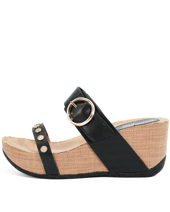 Side view of a black platform sandal on a white background. 