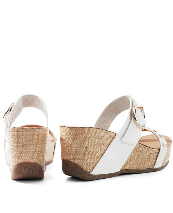 The back of a pair of wedge sandals with white straps and natural woven sole on a white background.