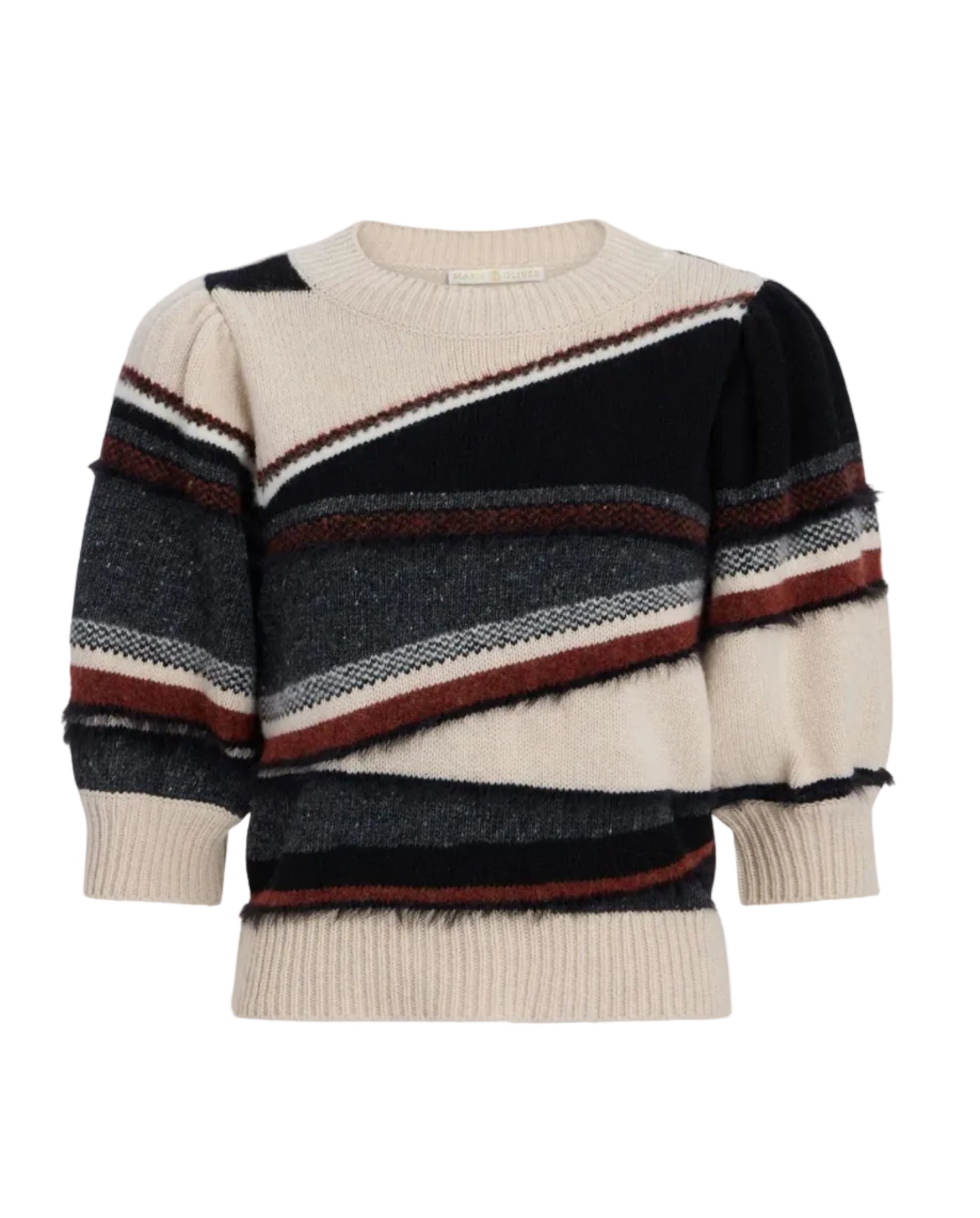 Striped sweater with black, red, and beige colors on a light gray background.