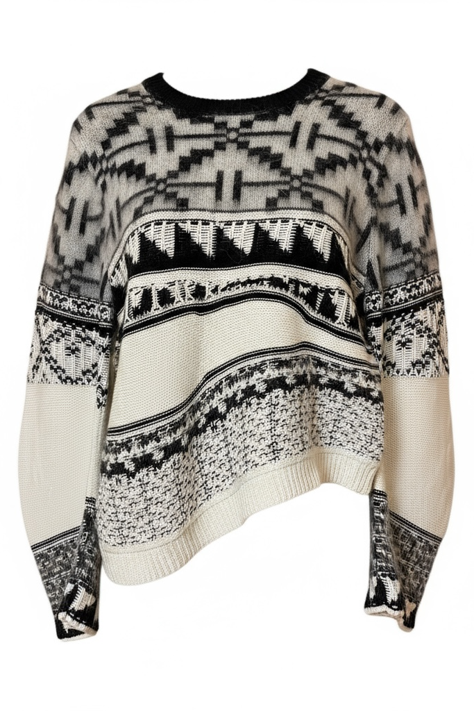 Patterned sweater on a white background.