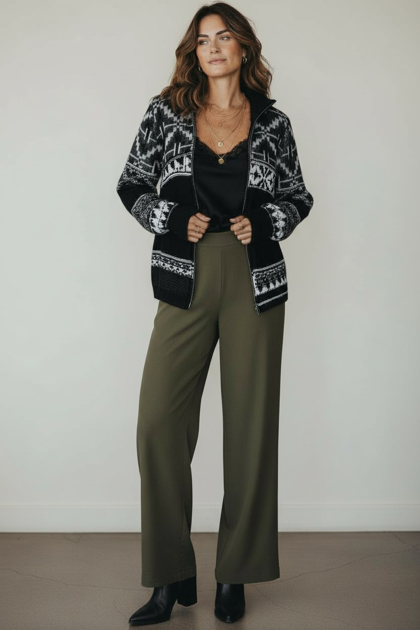 Woman wearing a patterned zip up, black top, and green pants against a plain background.