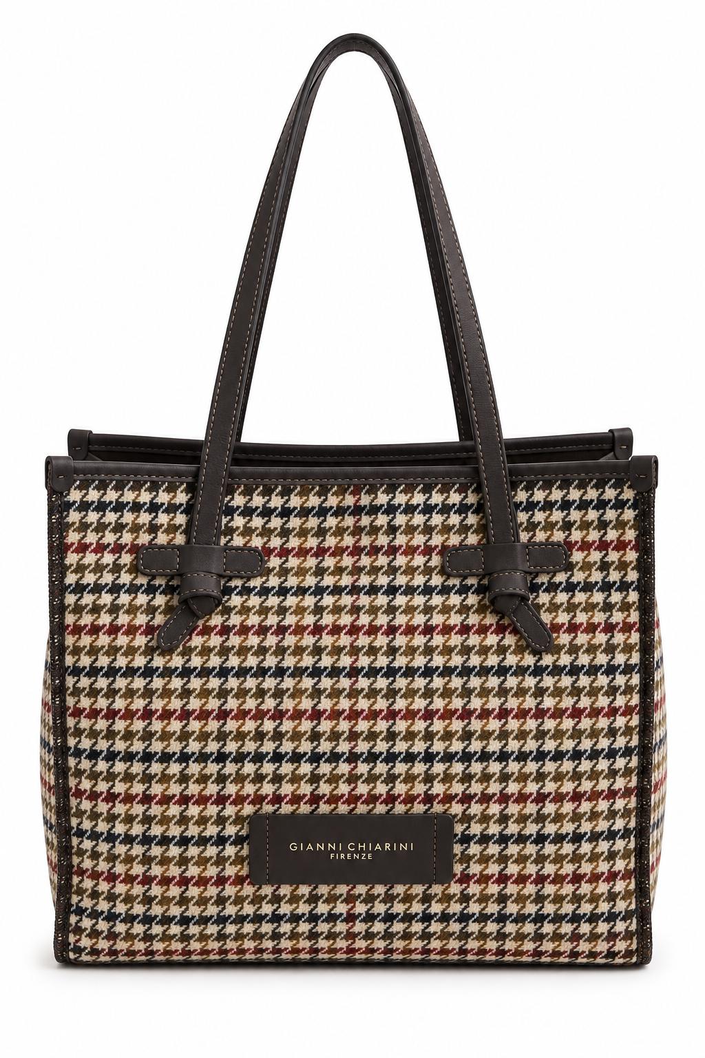 A structured houndstooth tote bag by Gianni Cherini, featuring a beige, brown, and red pattern with dark brown leather trim and handles, shown against a plain white background.