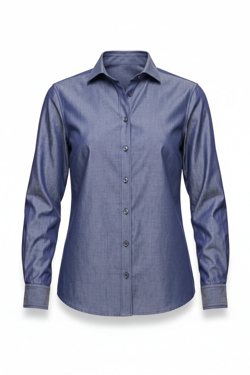 A women's long-sleeve button-down shirt in a medium blue chambray fabric, shown on a plain white background.