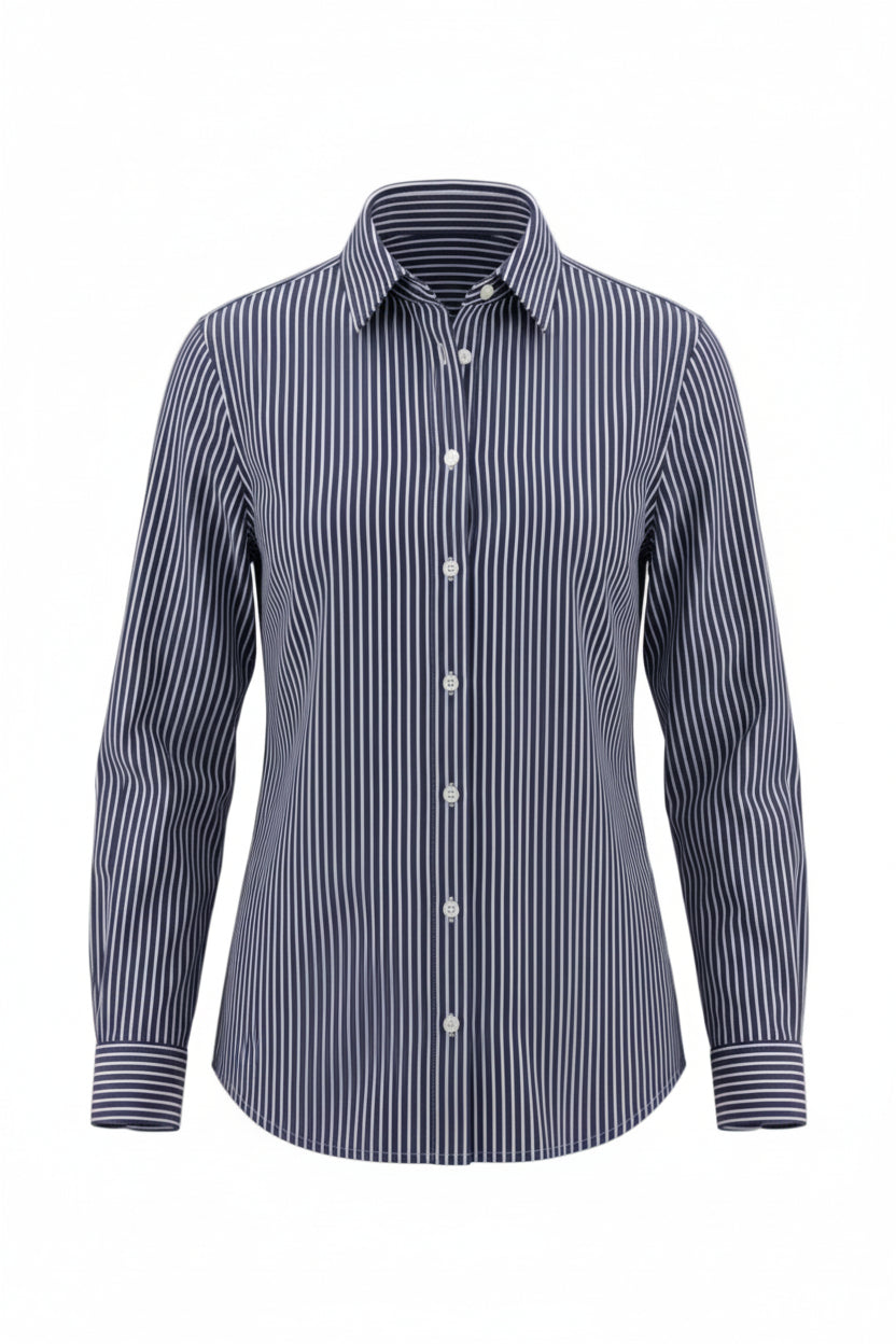 A women's long-sleeve button-up shirt with a navy blue and white vertical stripe pattern, shown on a plain white background.