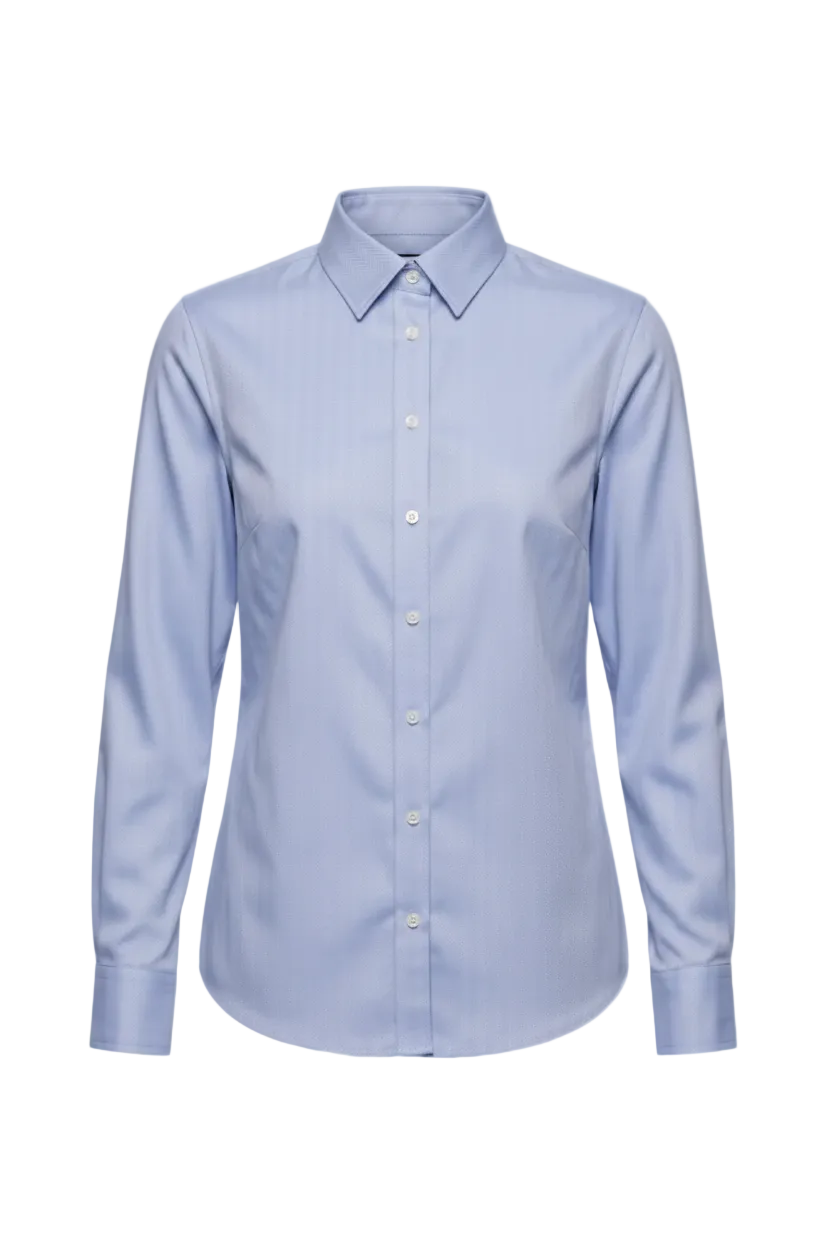 A light blue long-sleeve button-down shirt with a pointed collar and white buttons, displayed on a clean white background.