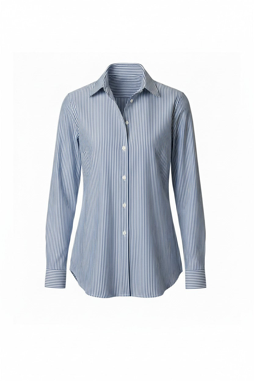Blue and white striped button up shirt on a white background.