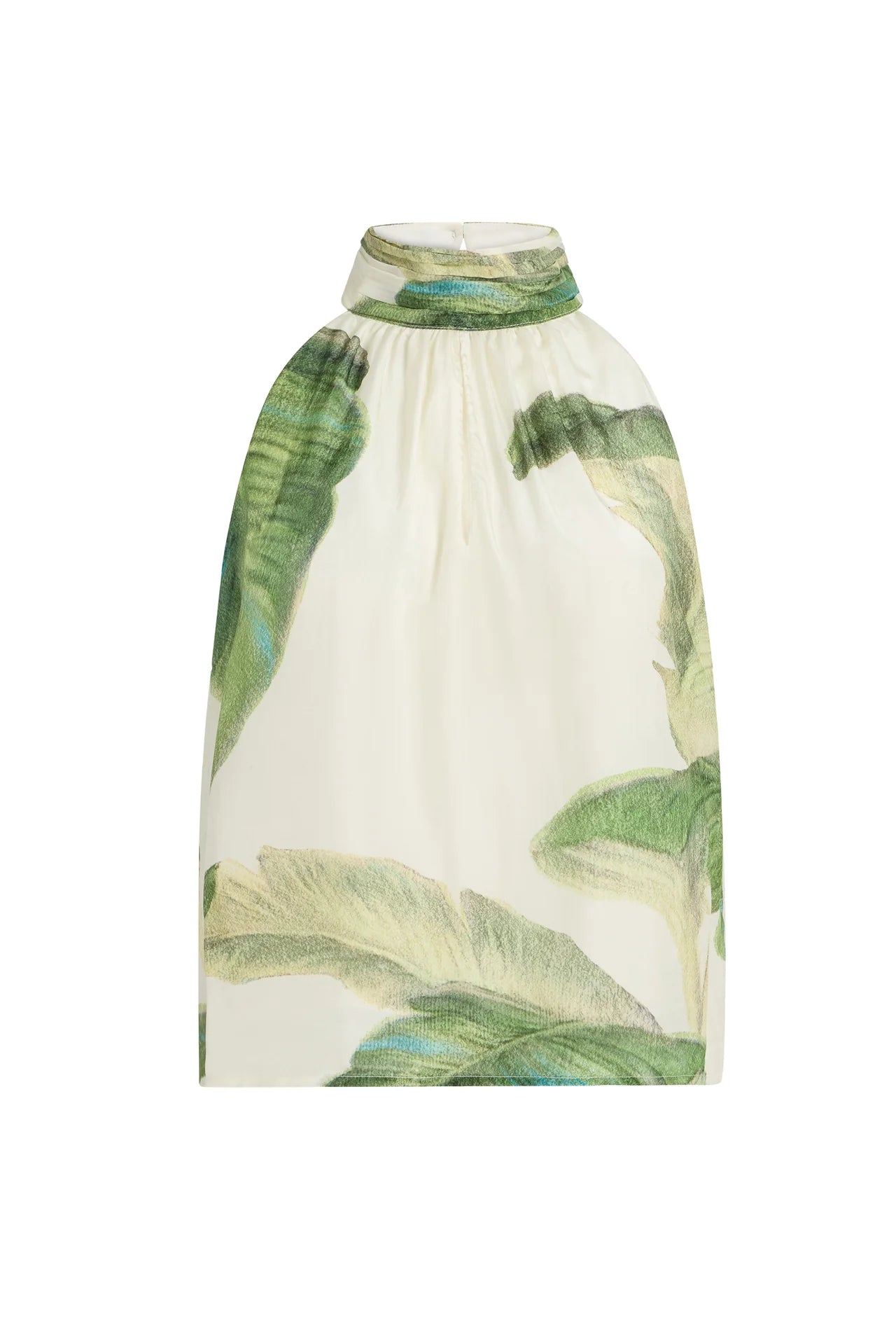 High neck top with tropical leaf pattern on a white background.