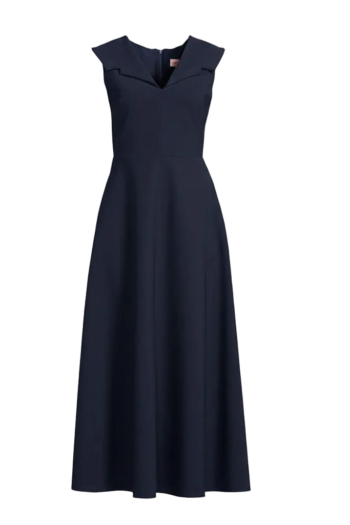 Navy blue dress with collar detail on a white background.