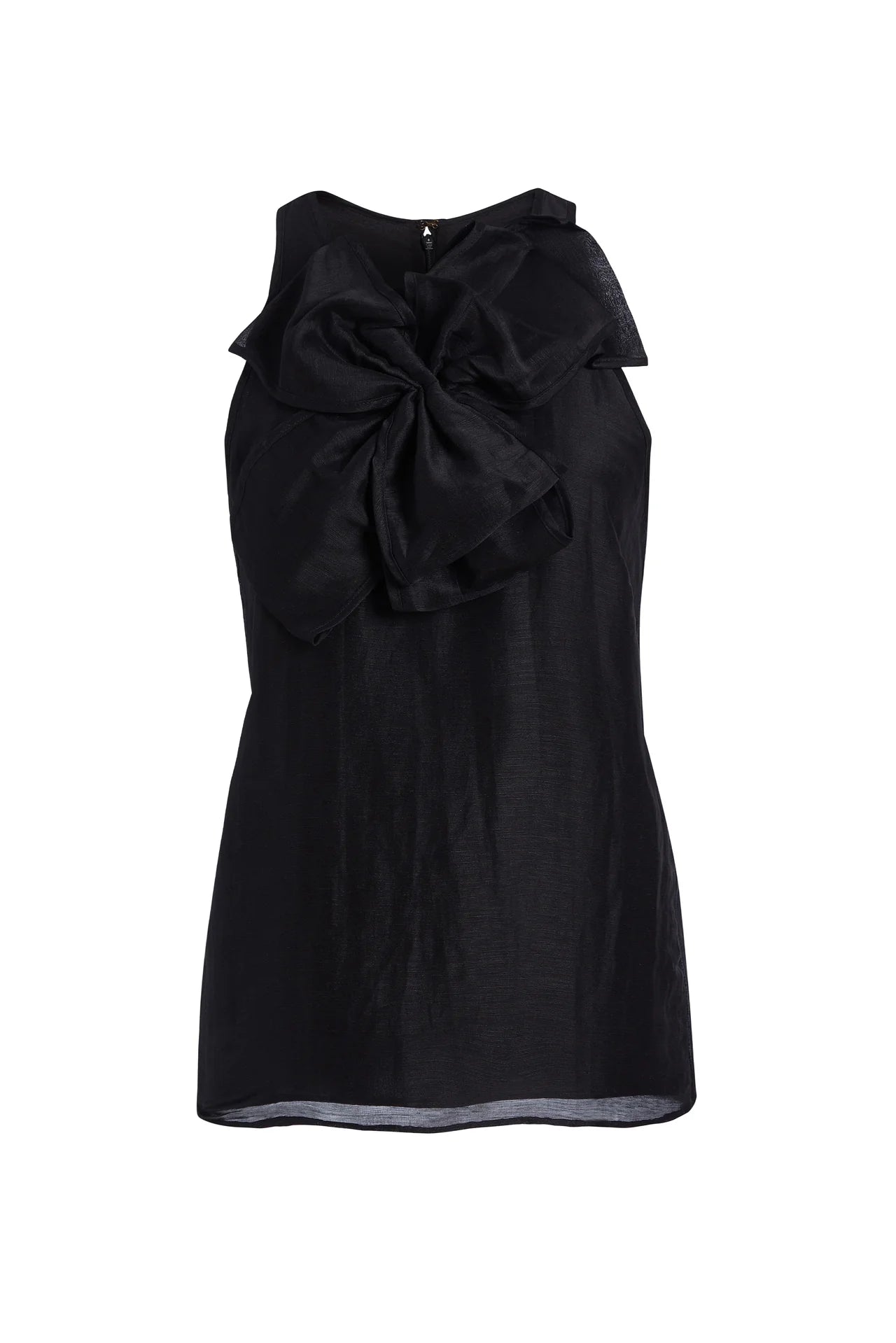 Black sleeveless dress with a large bow detail on a white background.
