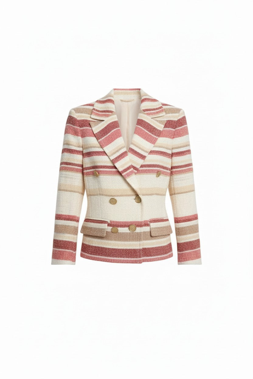 Iris striped blazer with gold buttons a white background.