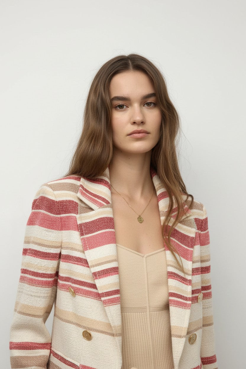 Close up of a woman wearing a striped blazer over a beige top against a plain background.