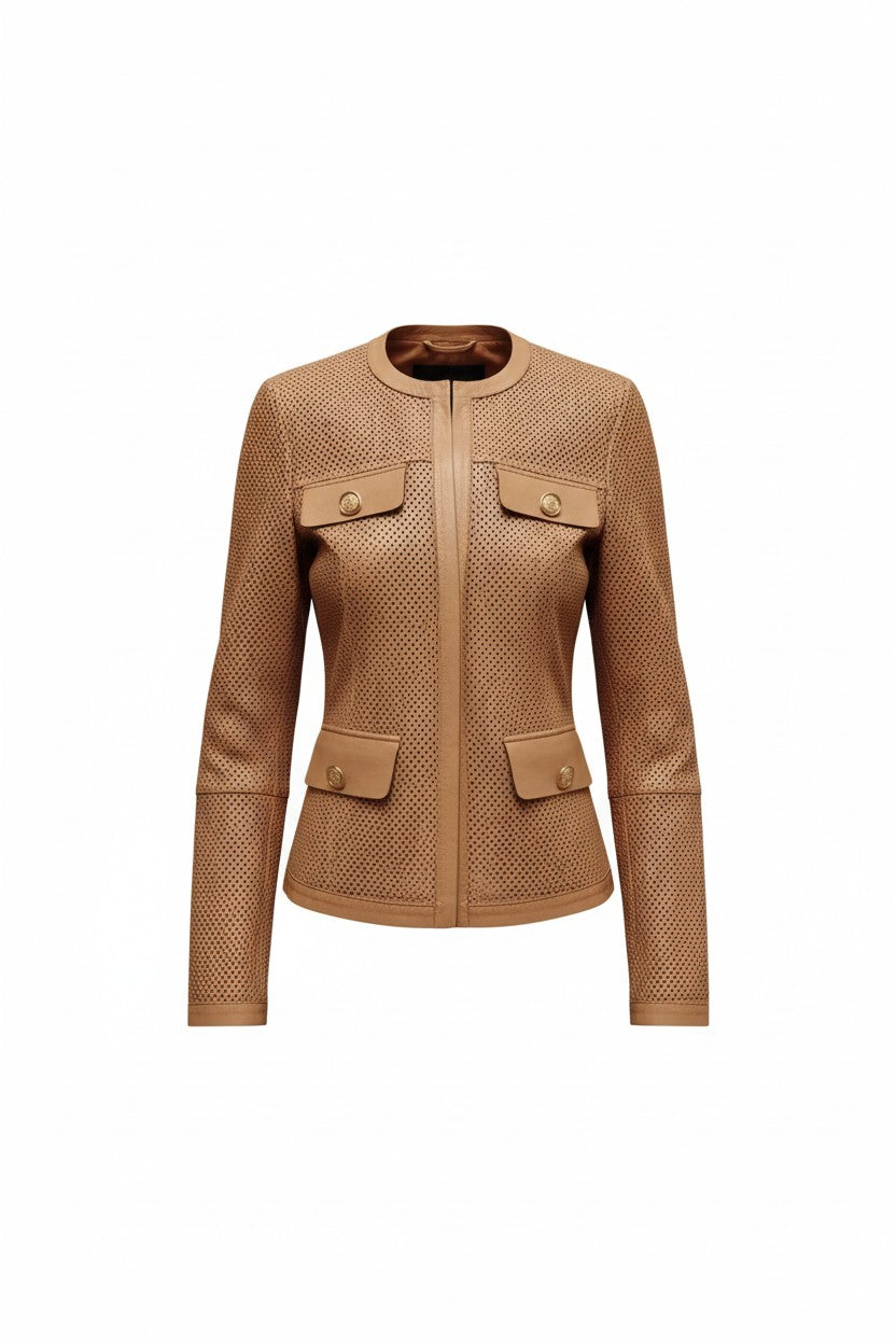 Brown leather jacket with textured pattern on a white background.