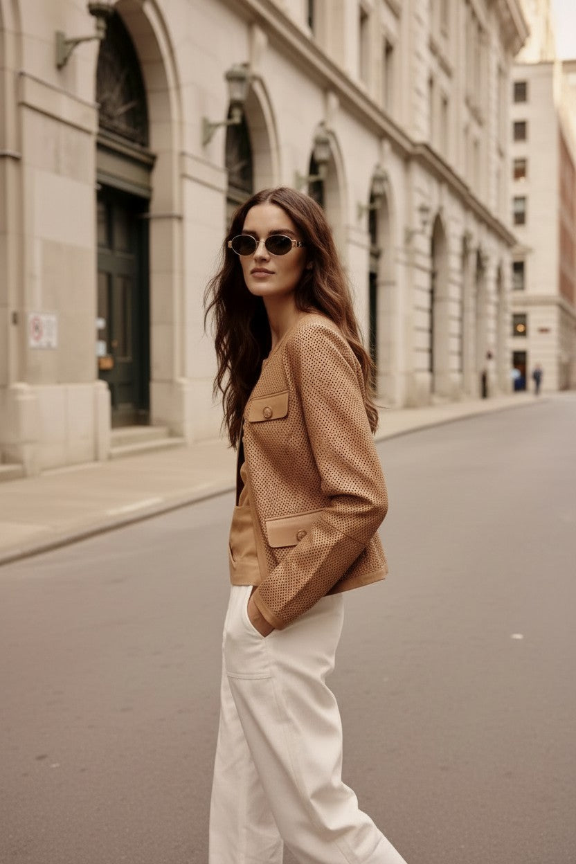 Woman in a brown textured leather jacket and white pants standing on a city street.