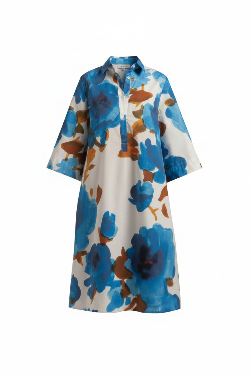 Floral patterned dress with blue and brown flowers on a white background.