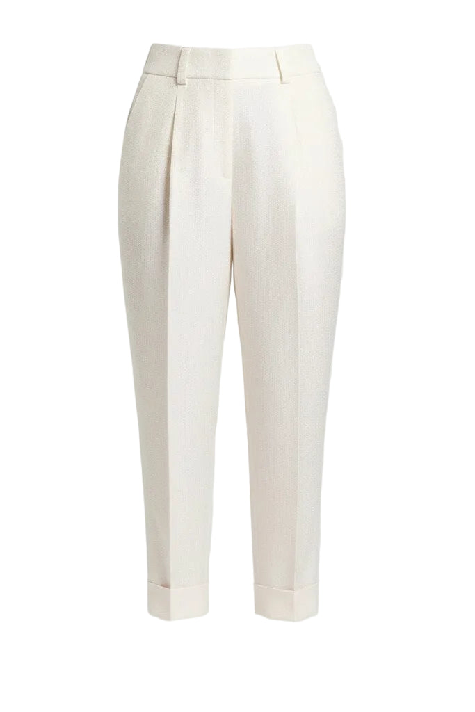 White trousers with a cuffed leg on a white background.