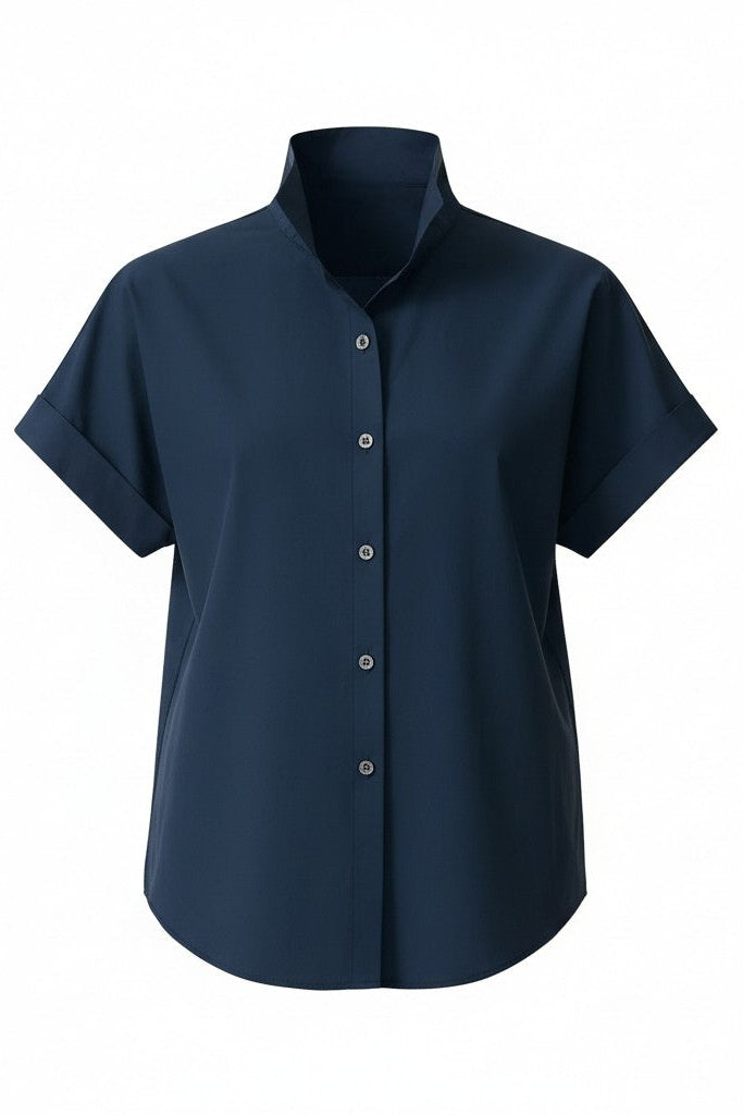 Navy blue short-sleeve shirt on a white background.