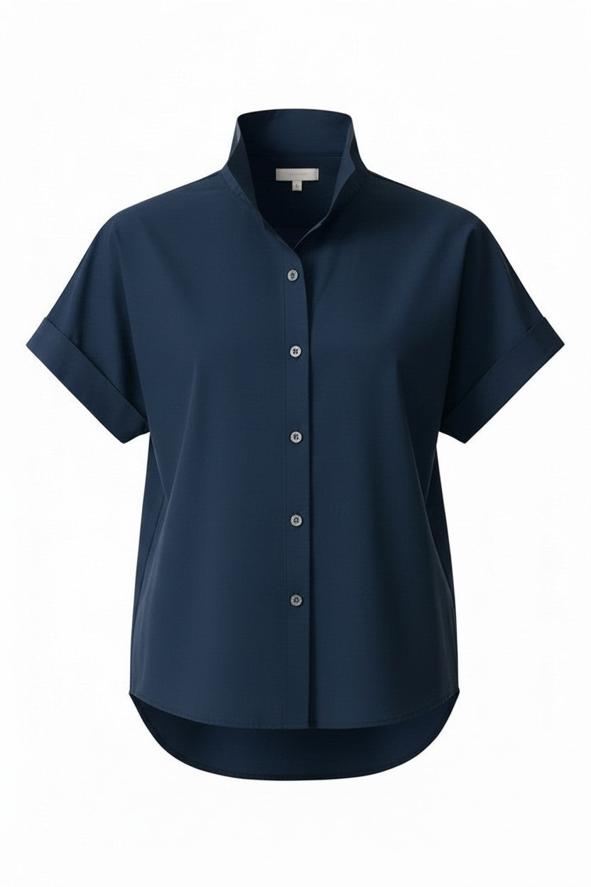 Navy blue short-sleeve kimono shirt on a white background.