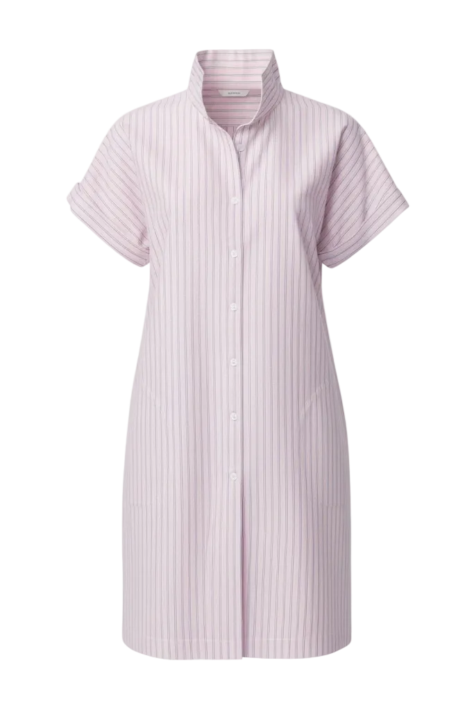 Short-sleeve shirt dress with vertical stripes on a white background