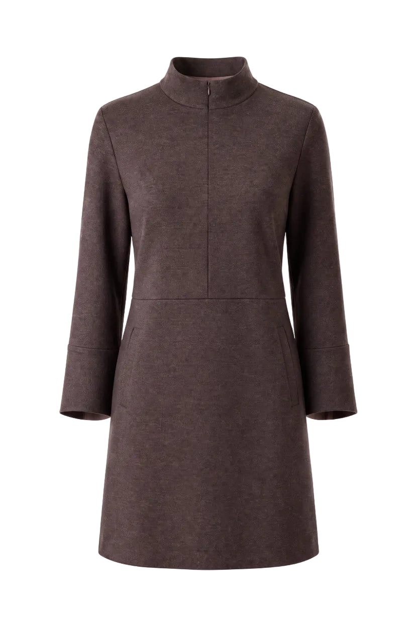A burgundy long-sleeve knit dress with a mock neck and a half-zip front, shown on a plain white background.