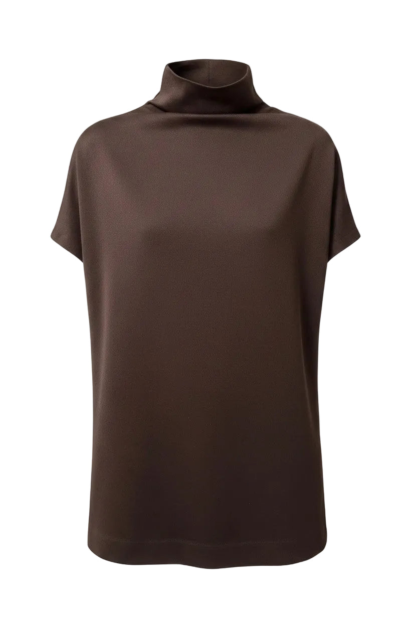 A dark brown short-sleeve turtleneck top displayed on a neutral light gray background.