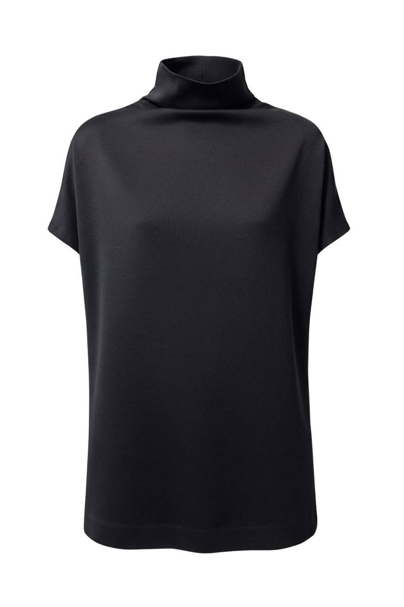 A black short-sleeve turtleneck top displayed on a neutral light gray background.