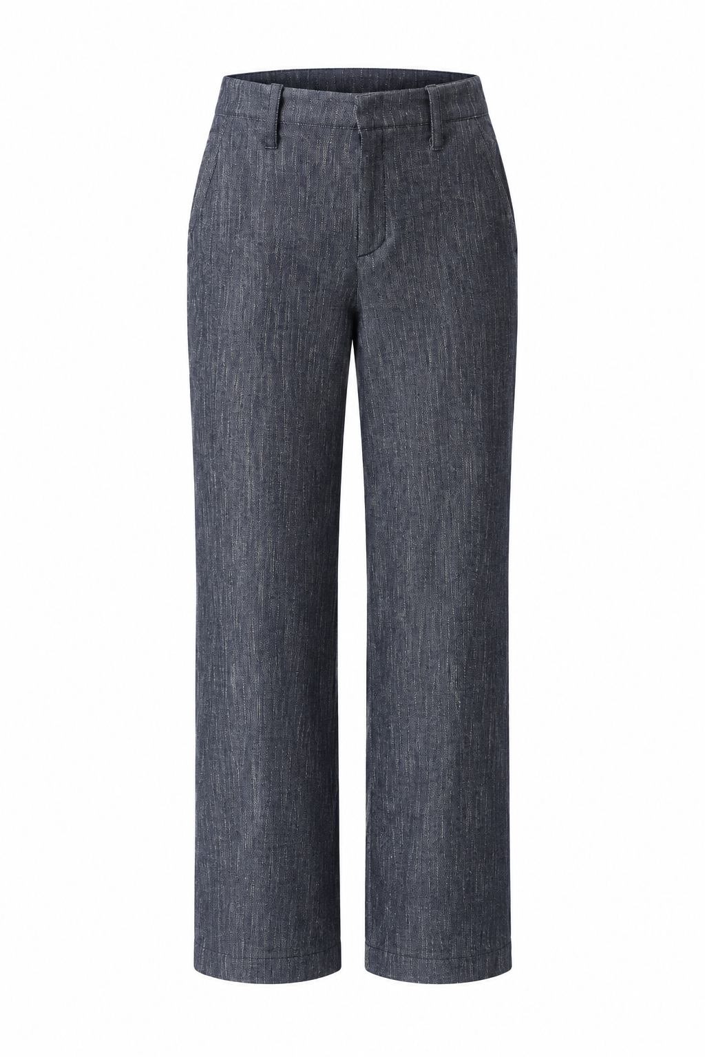 Front ghost-mannequin view of the Kal Rieman Joni Pant in textured indigo with a Hollywood waistband and stove-pipe legs.