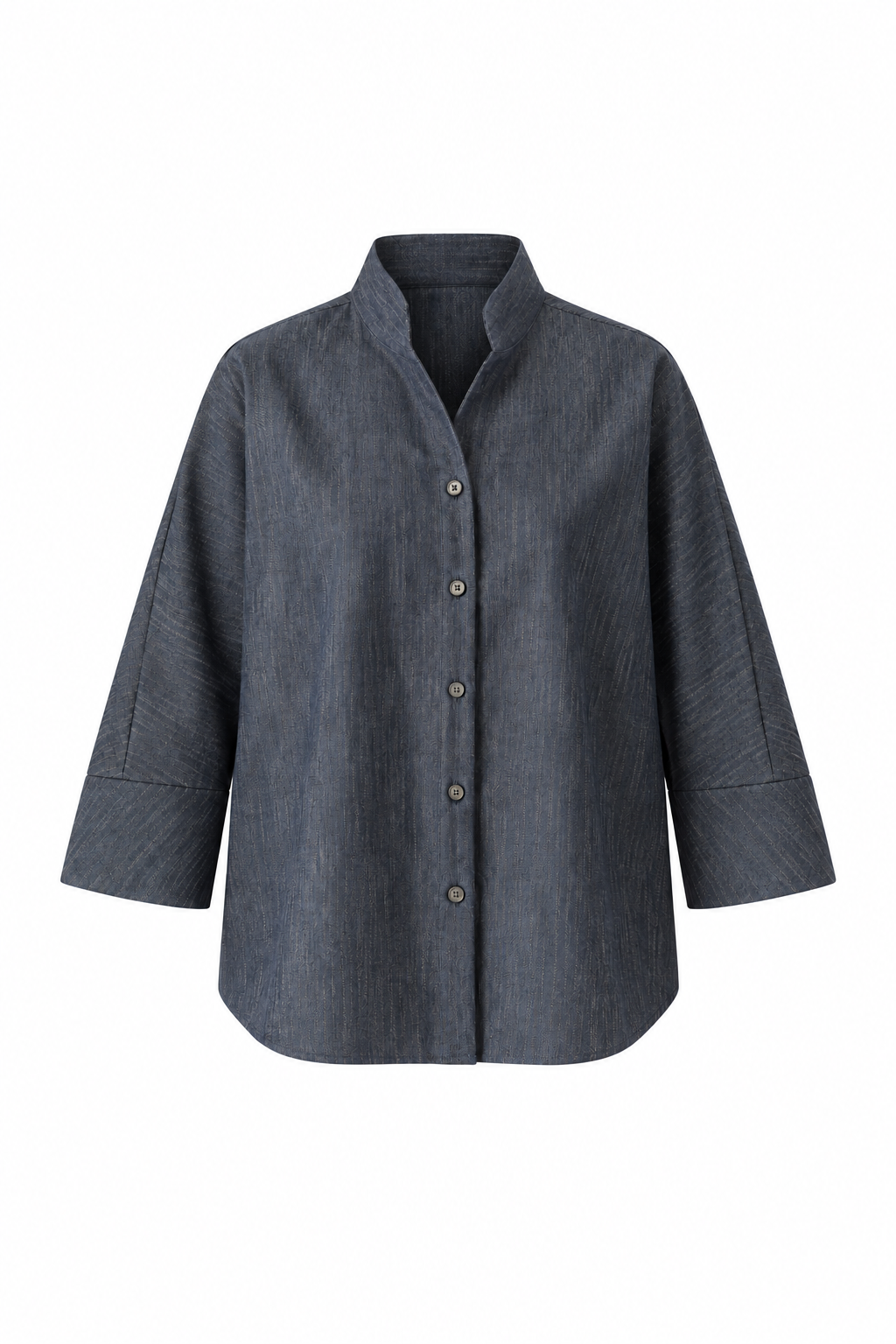 Front view of the Kal Rieman Maves Shirt in indigo with an oversized fit, kimono sleeves and button-front closure.
