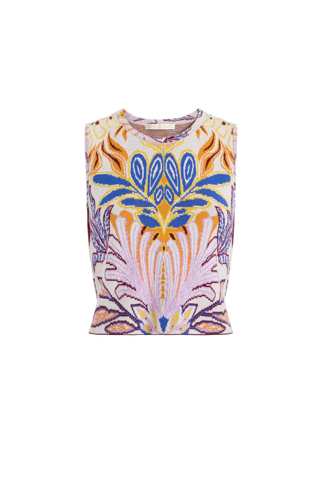 Multicolored sleeveless top with abstract pattern on a white background.