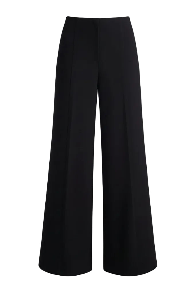 Black wide-leg pants on a white background.
