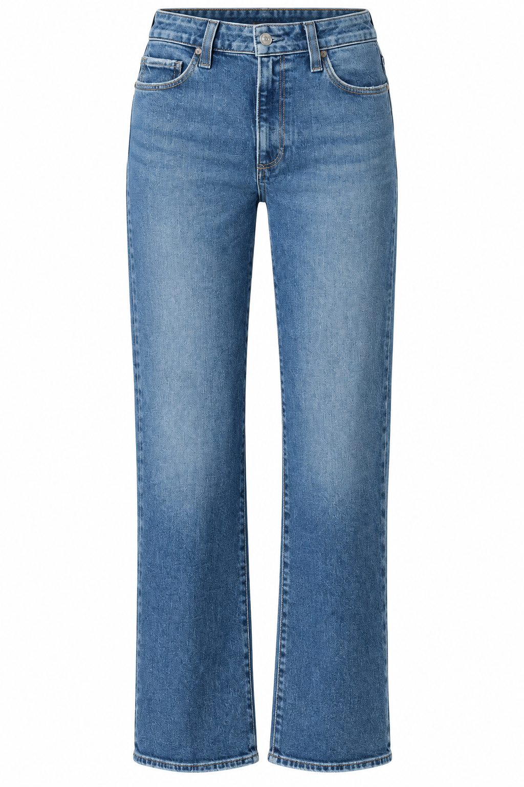 Medium-wash high-rise ankle jeans with a relaxed straight-leg silhouette, classic five-pocket styling, subtle fading, and contrast stitching, shown in a front-facing ghost mannequin view.