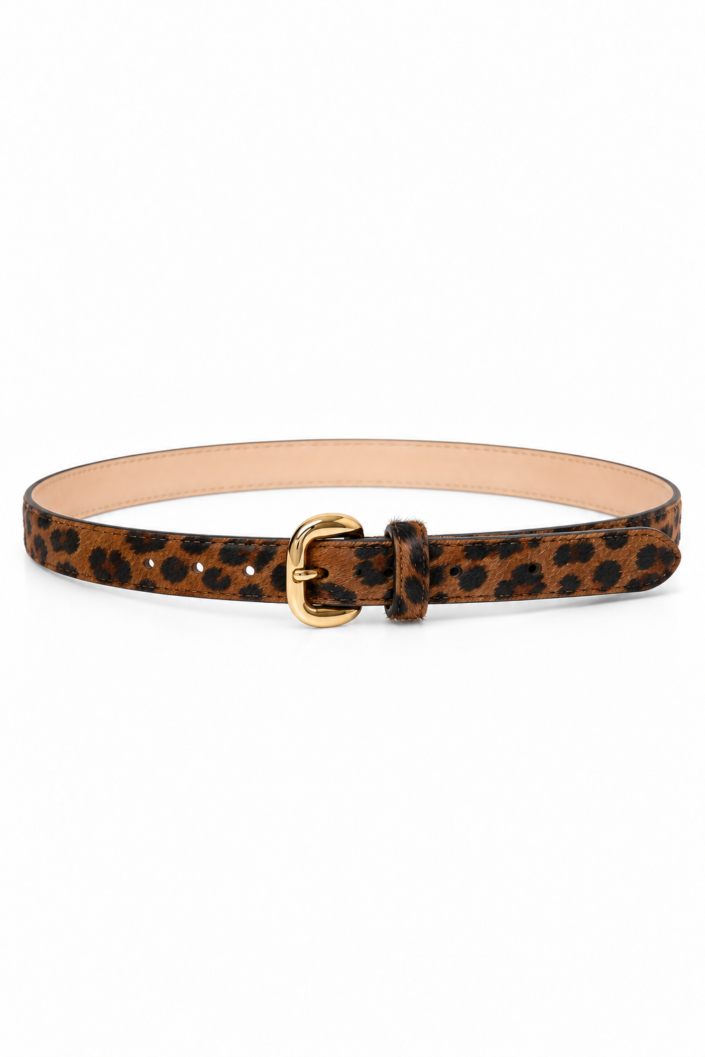 Skinny brown and black leopard-print belt with a textured finish, polished gold-tone buckle, adjustable pin closure, and matching keeper, displayed on a white background.
