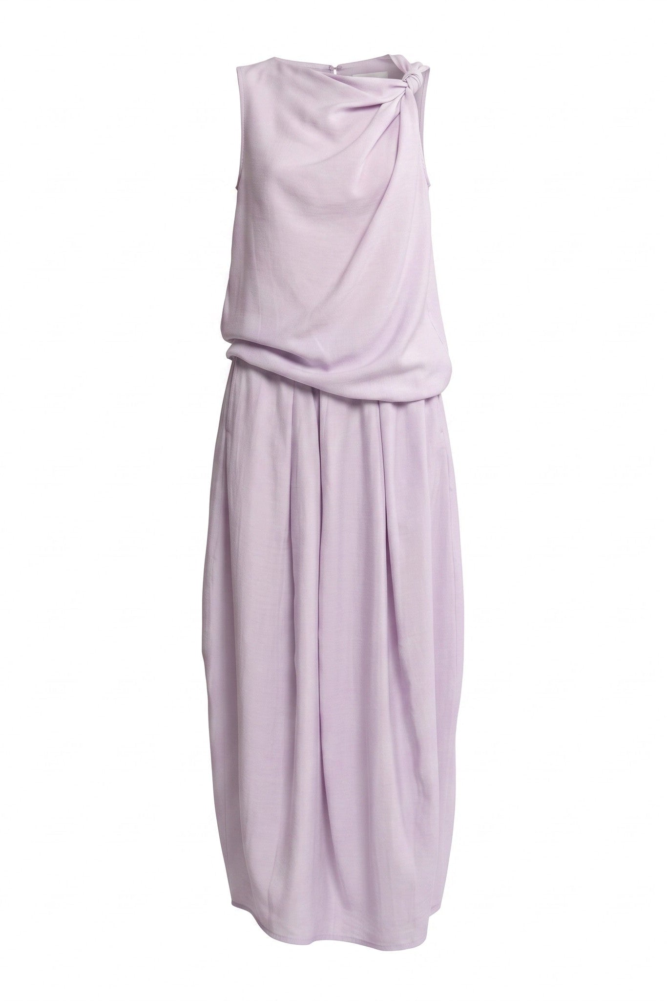 Lilac two-piece set featuring a sleeveless draped top with an asymmetric gathered shoulder detail and a flowing ankle-length skirt.