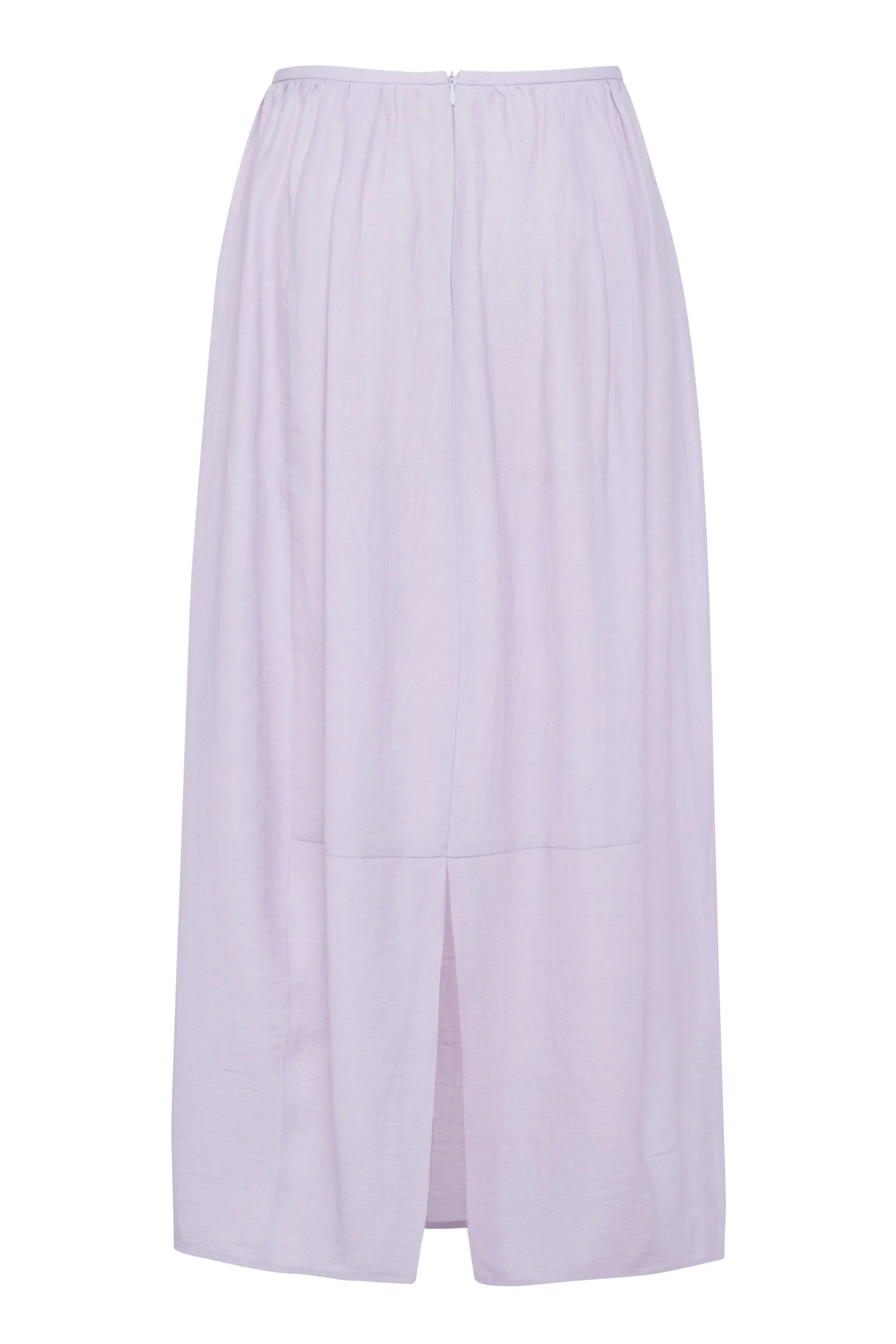 The back of a lavender skirt on a white background.