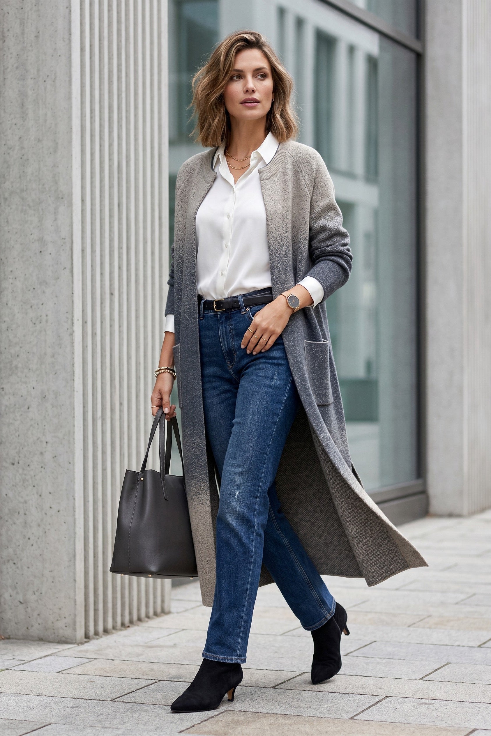 Woman wearing a long gray cardigan, white shirt, blue jeans, and black boots, holding a black handbag.