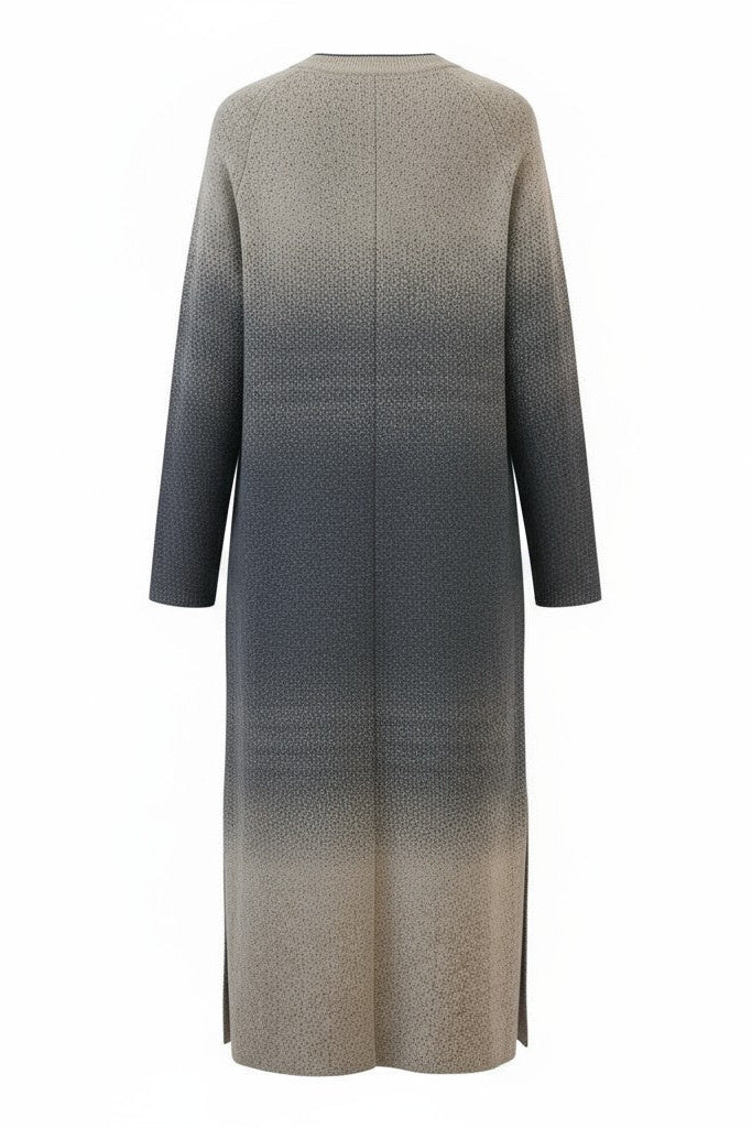 Back of a long coat with a gradient effect from gray to green on a white background
