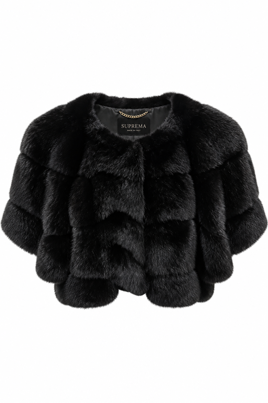 Front ghost mannequin view of the Suprema Black Mink Fur Cropped Capelet, featuring luxurious genuine black mink fur, a rounded neckline, voluminous short sleeves, layered fur panels, and a softly scalloped hem against a clean white background.
