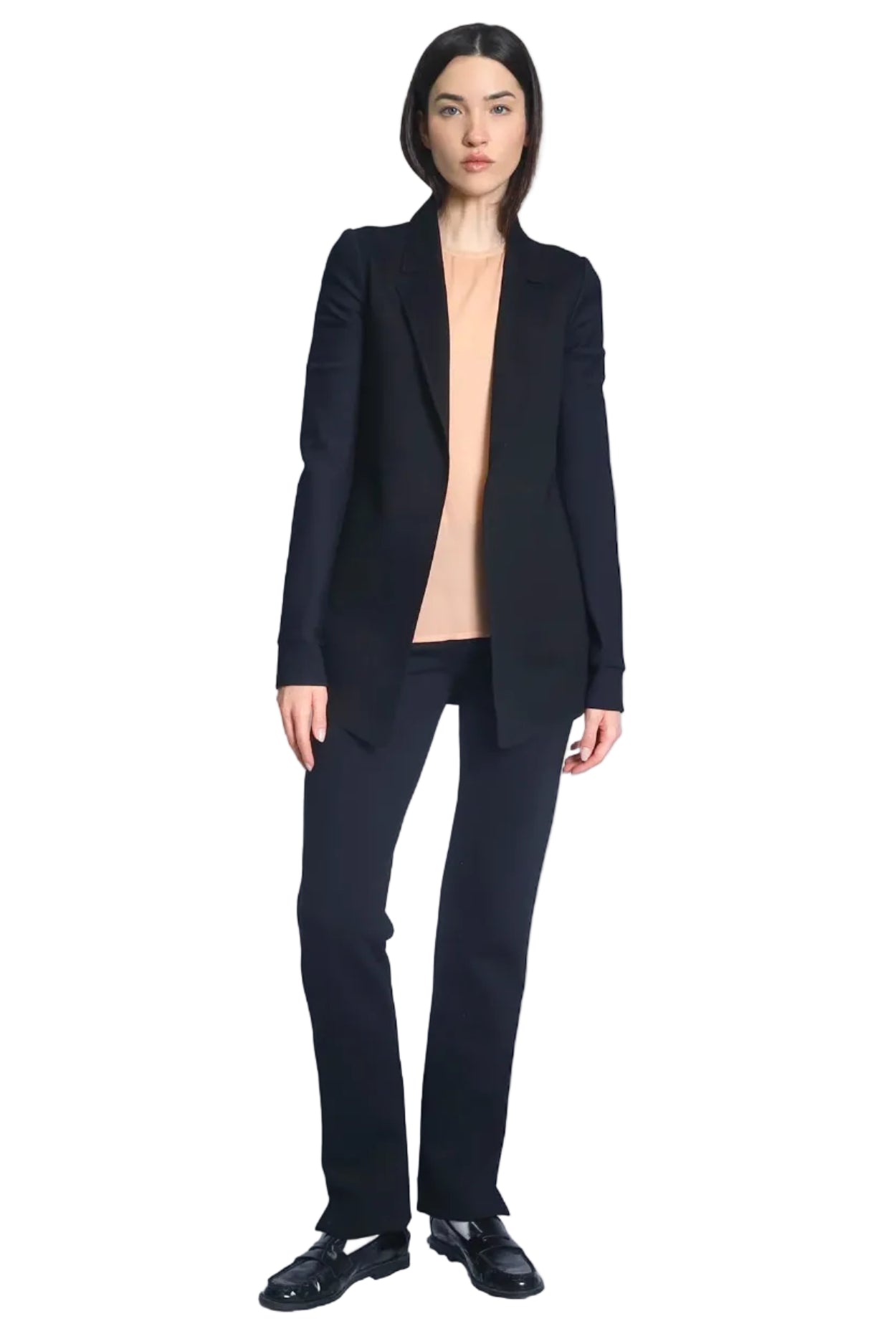 Person wearing a black suit on a white background.