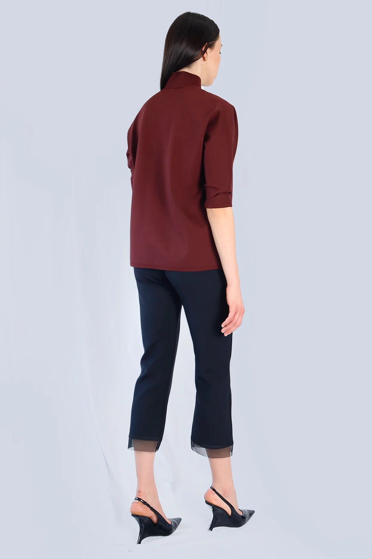 Marie Saint Pierre Helma burgundy high-collar top, back model view