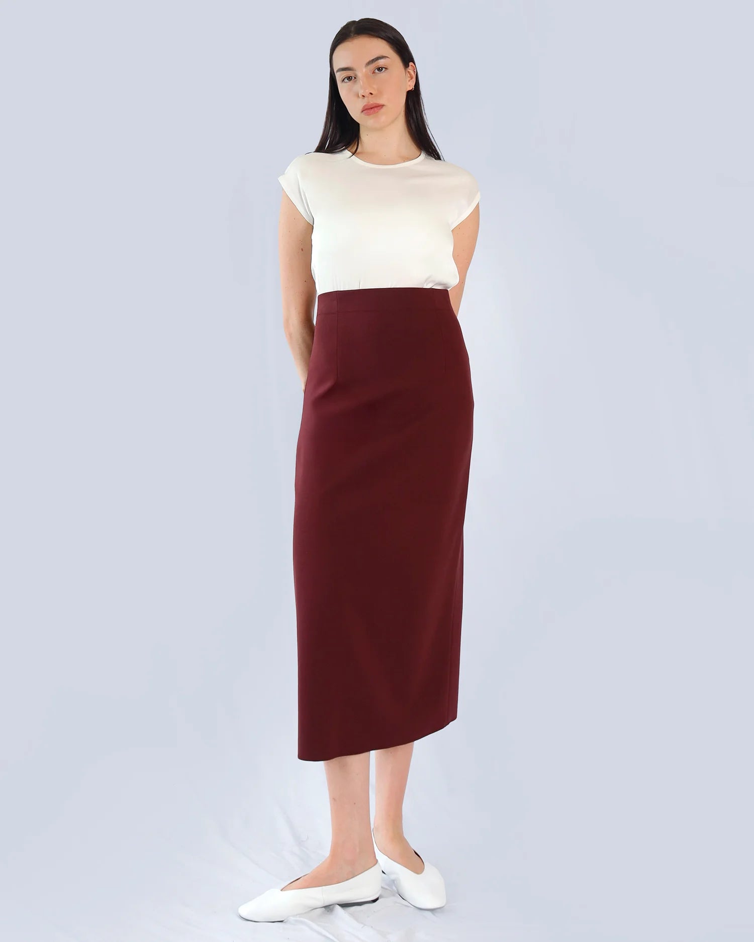 Marie Saint Pierre Tarselle burgundy high-waisted midi skirt, front model view