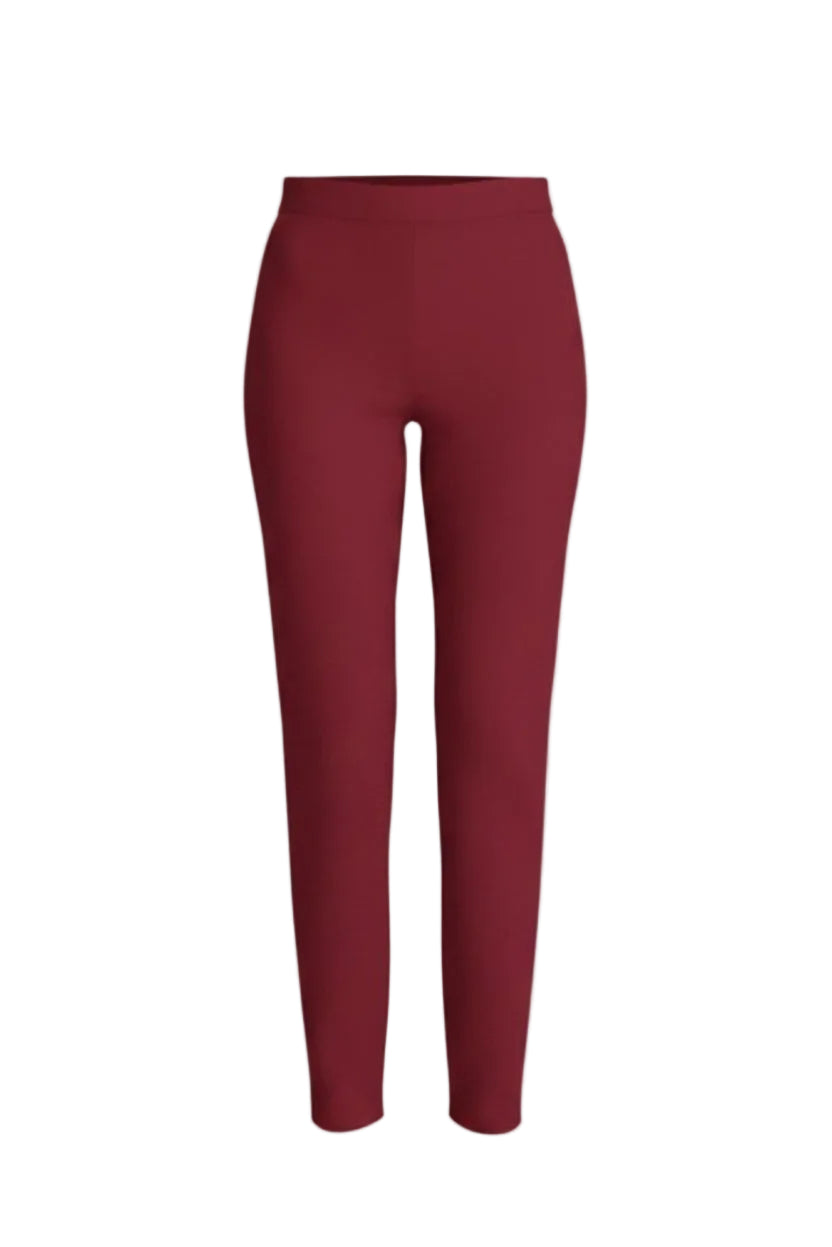 A pair of high-waisted, full-length leggings in a solid deep burgundy red, shown on a clean, light gray background.