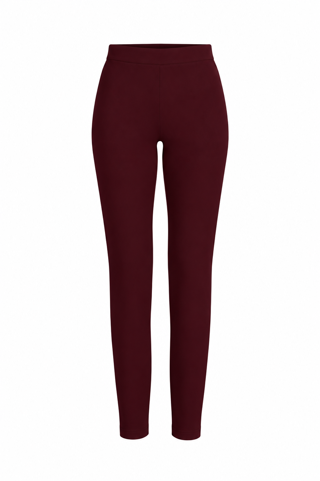 A pair of high-waisted, full-length leggings in a solid deep burgundy red, shown on a clean, light gray background.