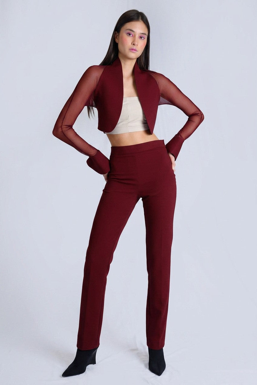 A woman modeling a matching burgundy two-piece set consisting of a sheer long-sleeve cropped jacket and high-waisted straight-leg trousers, styled with a beige crop top and black pointed-toe heels against a light gray studio background.