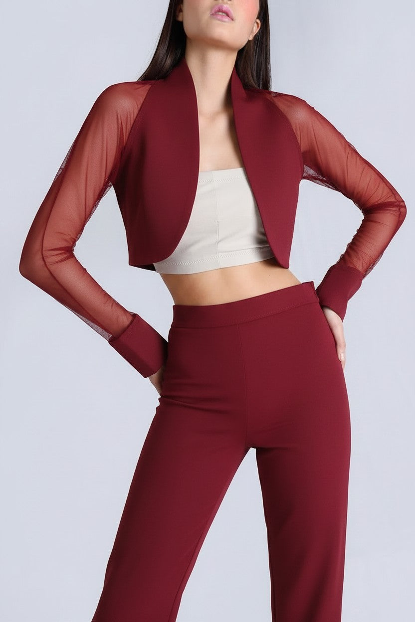 A model wearing a burgundy two-piece set consisting of a cropped open-front jacket with sheer long sleeves and matching high-waisted trousers, styled over a beige crop top against a light gray studio background.