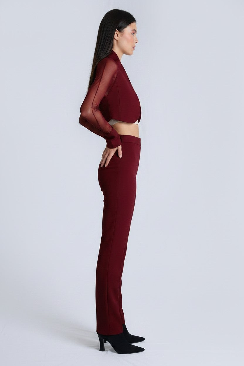 A woman stands in profile wearing a matching burgundy two-piece outfit consisting of a sheer long-sleeve crop top and high-waisted flared pants, paired with black pointed-toe heels, against a light gray studio background.