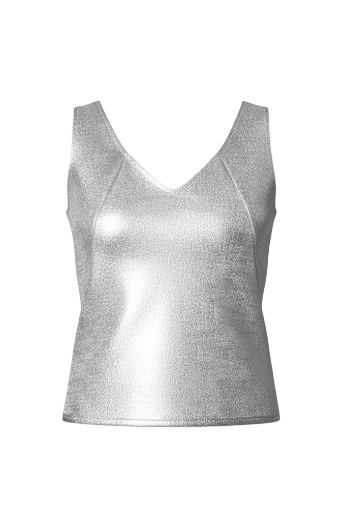 Silver metallic tank top on a white background.