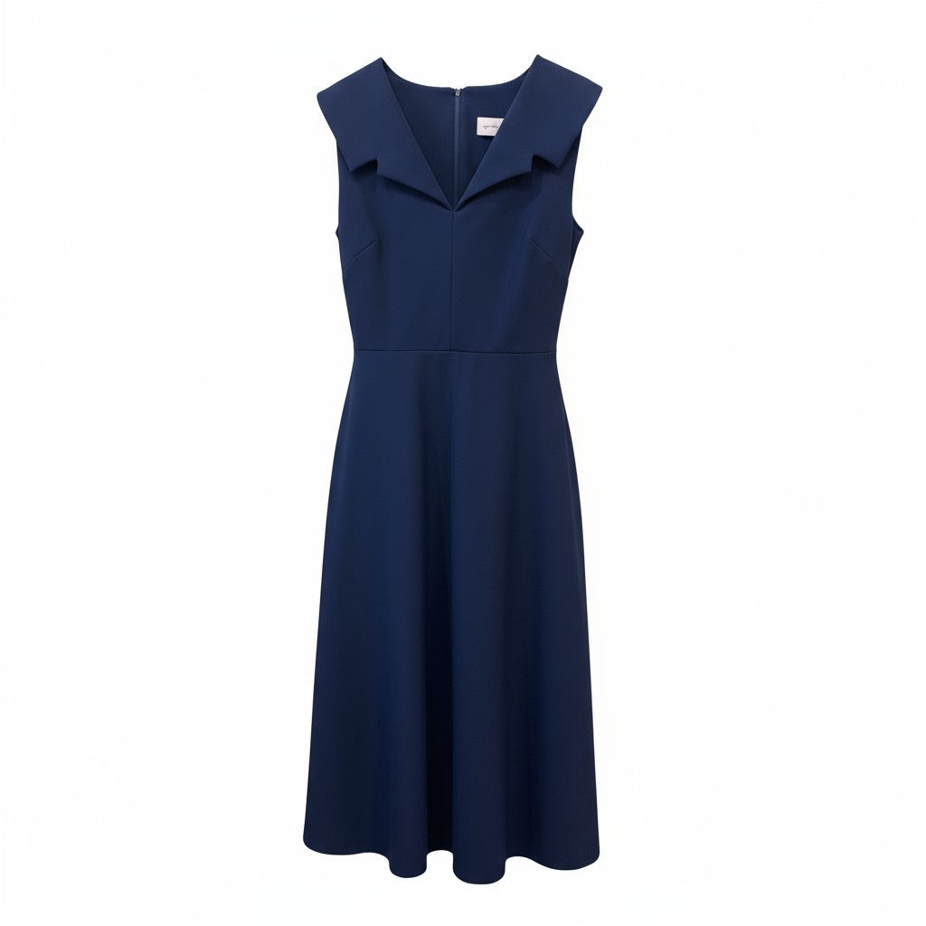Navy blue dress with polo neckline on a white background.