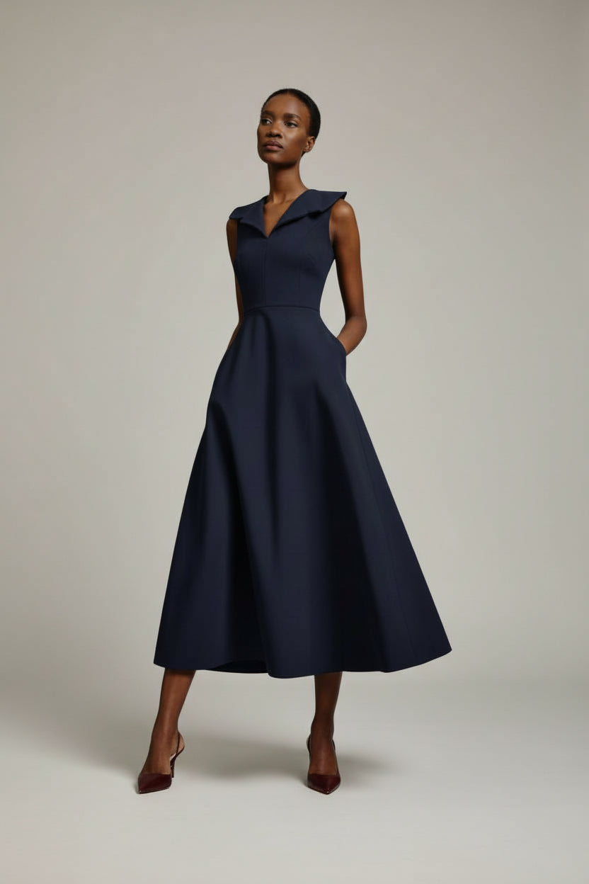 Woman wearing a navy blue dress against a plain background.